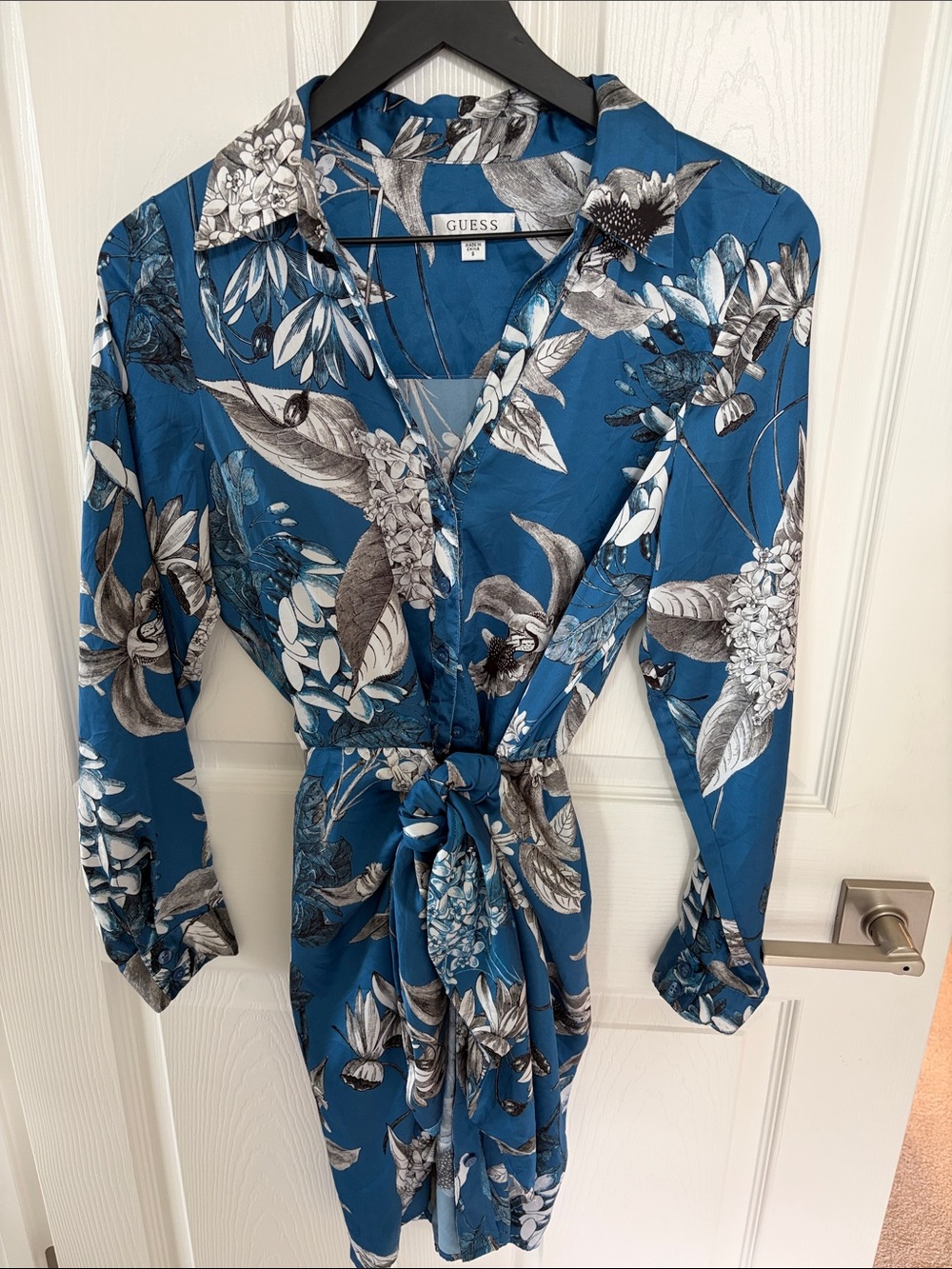 GUESS Teal Blue Floral Button-Front Tie-Waist Dress